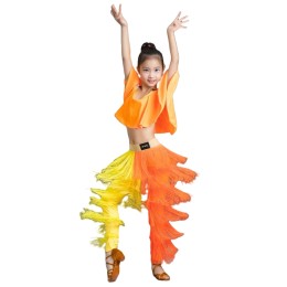 訂購分體式流蘇拉丁舞舞蹈服  黃色拼橙色  練功舞蹈服   拉丁舞考級   SKDO024 訂購分體式流蘇拉丁舞舞蹈服  黃色拼橙色  練功舞蹈服   拉丁舞考級   SKDO024